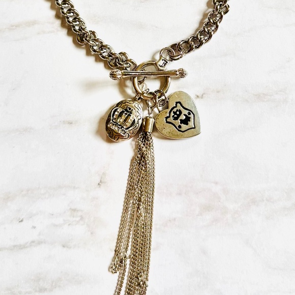 JUICY COUTURE Necklace Crystal Locket, Heart, Tassel Toggle Silvertone - Picture 1 of 5